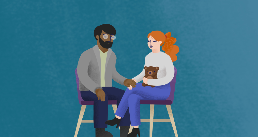 Illustration of couple in a grief support group after losing a child