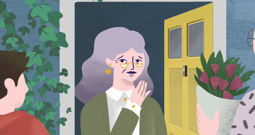 Illustration of elderly woman answering her front door to visitors bearing a bunch of flowers