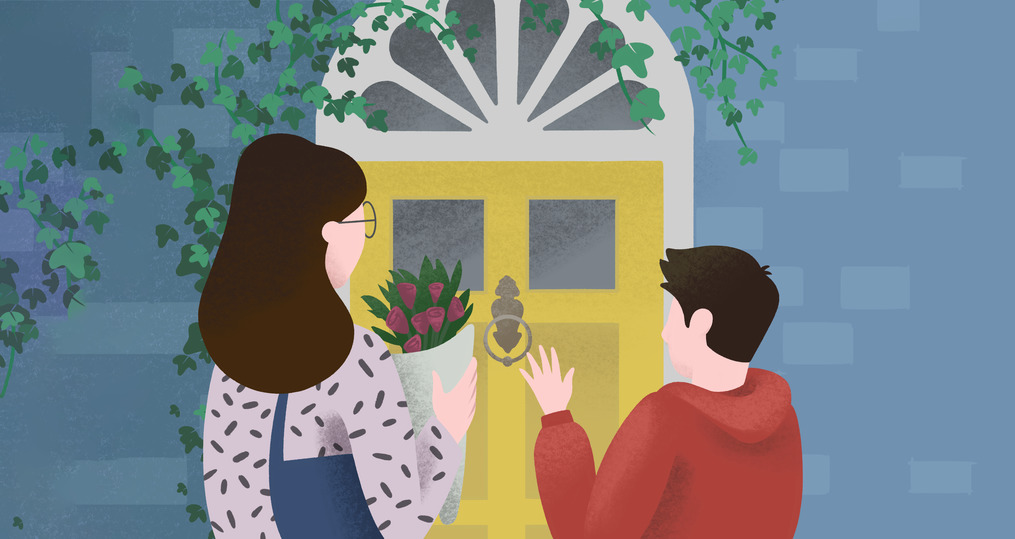 Illustrations of visitors knocking on someone's front door with a bunch of flowers